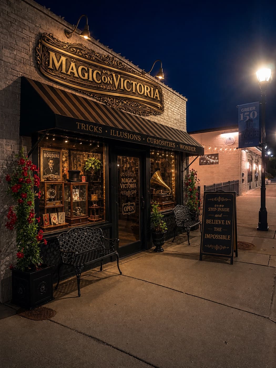 The Magic on Victoria storefront at night: gold sign, awning, and a warmly lit window display on Victoria Street